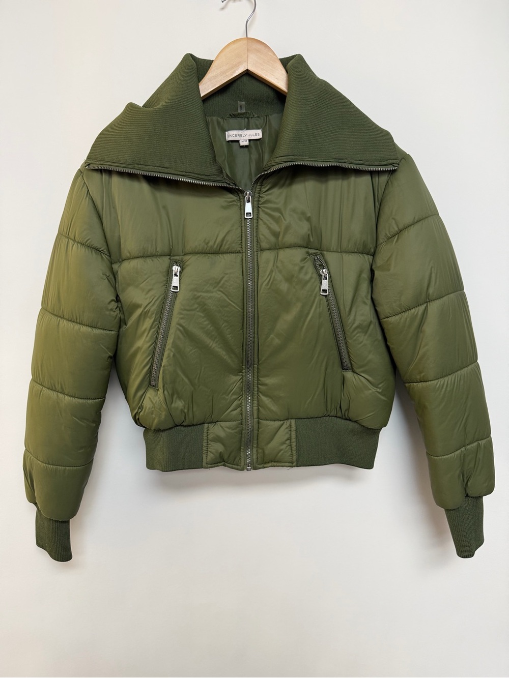 Sincerely Jules Olive Green Cropped Puffer Jacket M Quilted Zip Bomber Coat